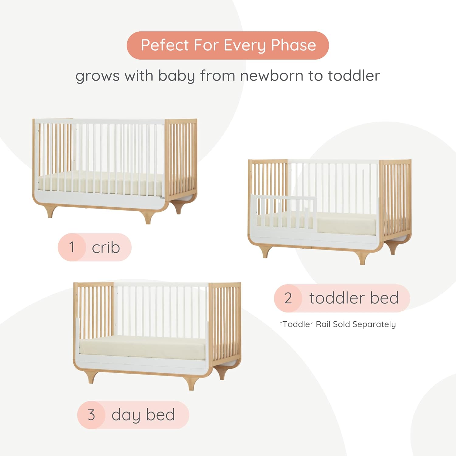 dadada Baby Jolly 3-in-1 Convertible Crib to Toddler Bed – Modern Wooden Crib Made in Italy, GREENGUARD Gold Certified Small Baby Crib