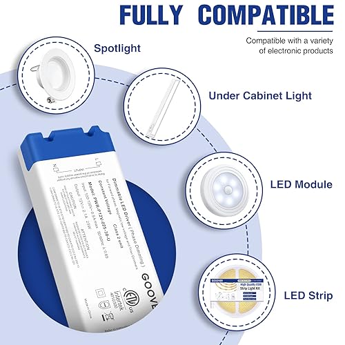 Miniatura 8 de GOOVER Controlador regulable Triac de 25 W, fuente de alimentación, transformador de CA de 120 V a CC 12 V, compatible con atenuadores Lutron y