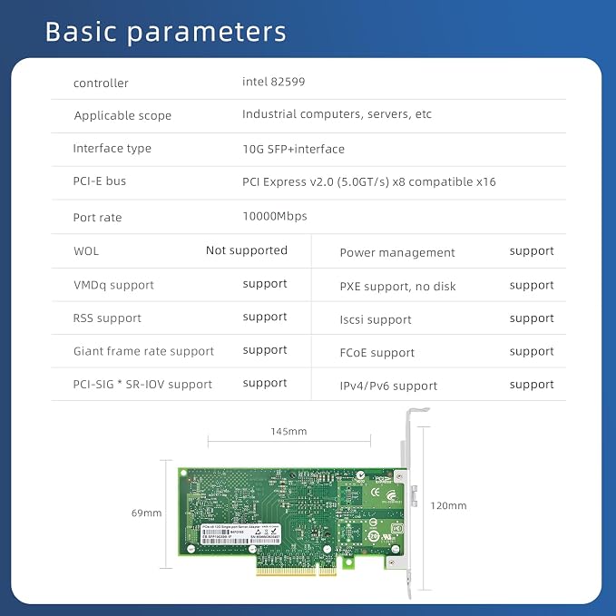Tarjeta de red Ethernet de fibra óptica PCI-E X8 de 10 gigabits con controlador Intel 82599 (X520-DA1), adaptador de red para servidor con puerto SFP+ único E10G41BF, compatible con Windows Server/Linux/VMware miniatura 3