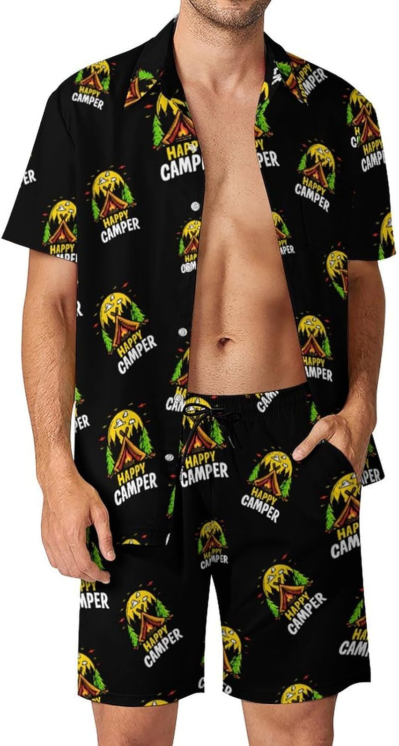 Happy Camping Men's Summer Beach Outfits Shirt And Shorts Set 2 Piece Vacation Swimwear
