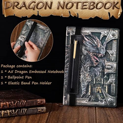 Miniatura 7 de Lizard - Cuaderno de cuero en relieve 3D, cuaderno de tapa dura, cuaderno de viaje A5 con un bolígrafo clásico negro, diario de viaje, cuaderno de