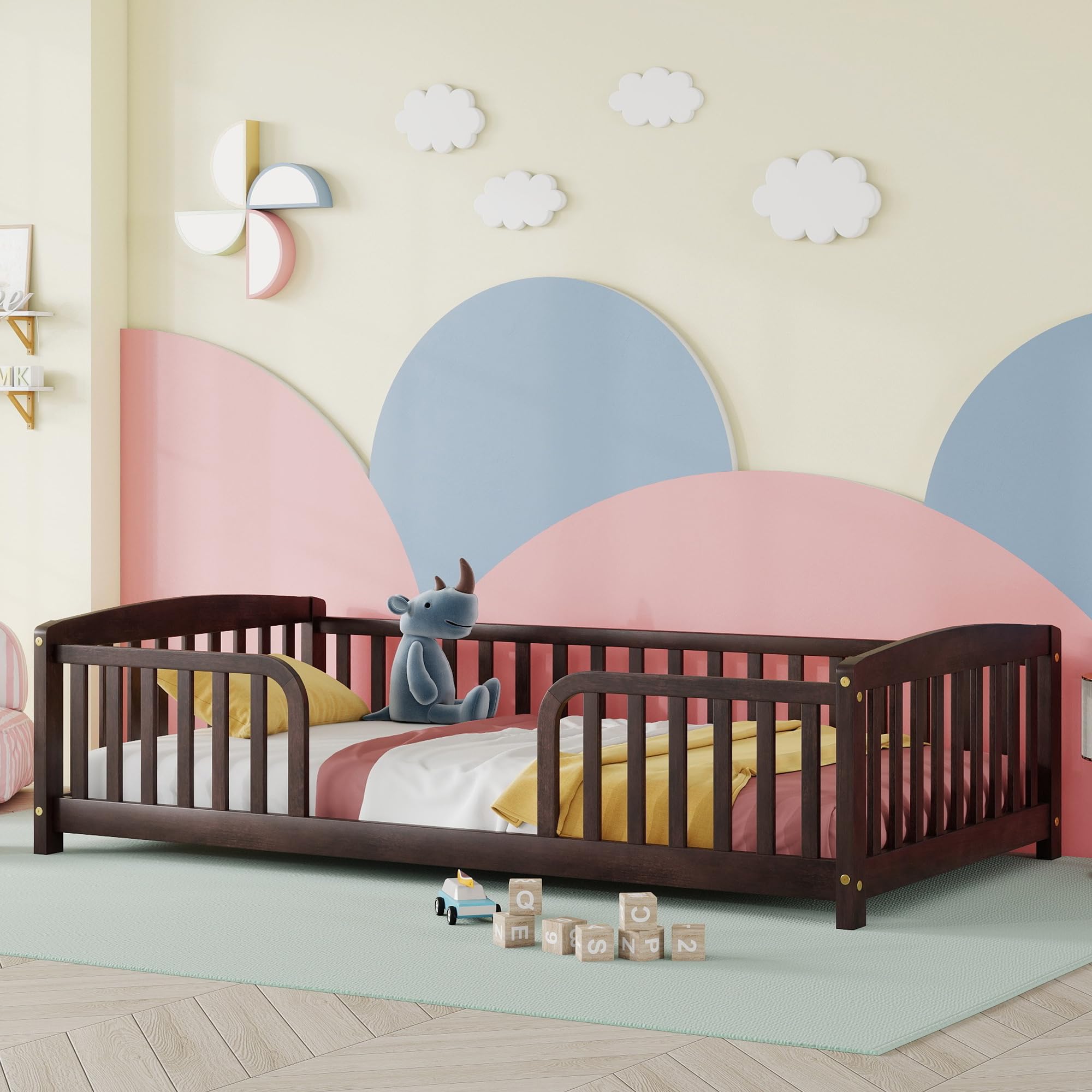 Bellemave Twin Size Montessori Floor Bed Frame with High Fence, Solid Wood Kids Floor Bed with Central Entrance, Low Profile Bed for Boys &amp; Girls, Rounded Corner Design,Espresso