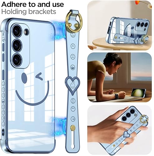 Miniatura 7 de AICase Funda para Samsung Galaxy S23 con protección completa de lente de cámara + correa, cara sonriente chapada con purpurina brillante protección