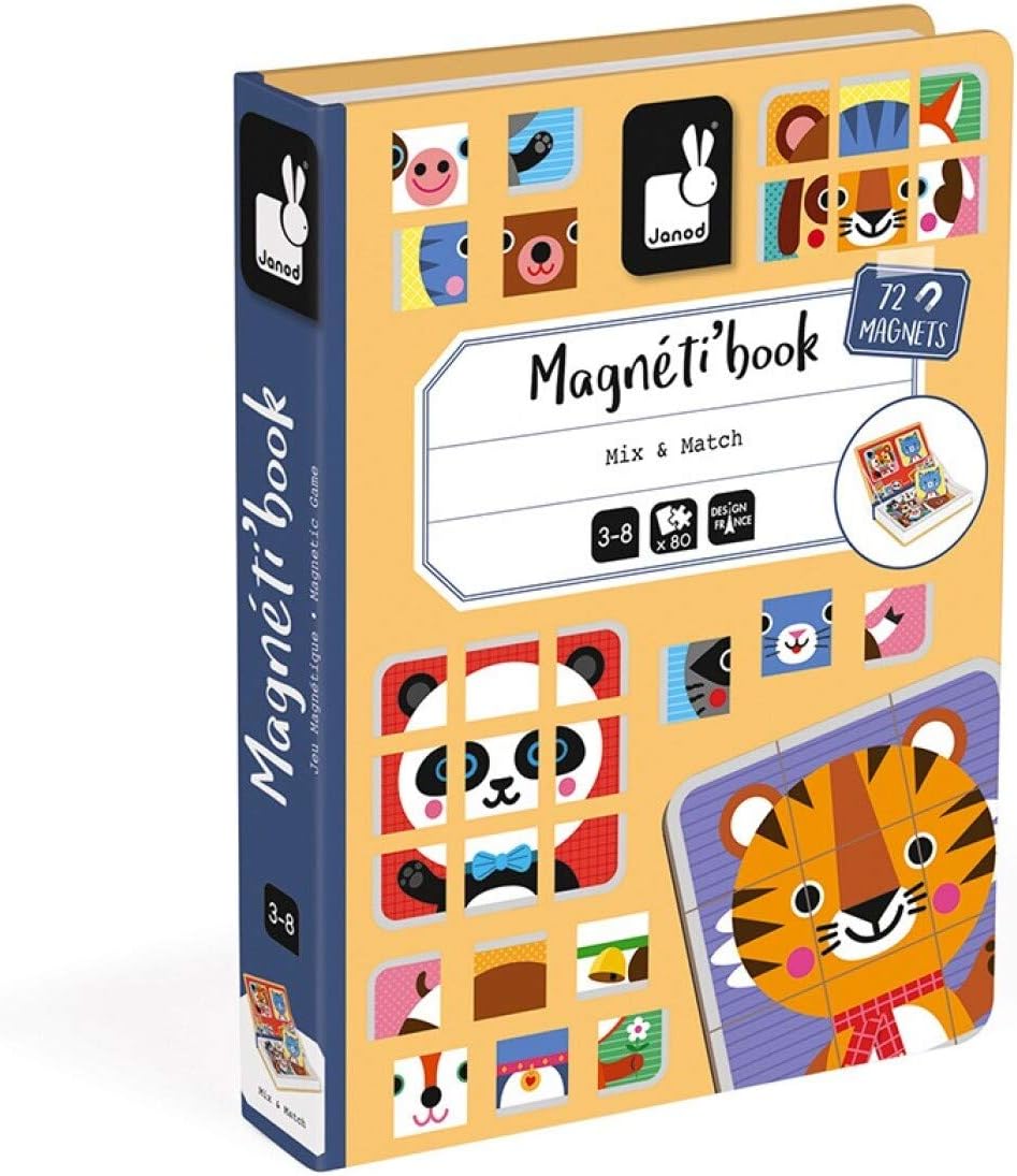 Janod Magnetibook 80 pc Magnetic Mix and Match Animal Faces Game for Creativity and Motor Skills. Book Shaped Travel/Storage Case Included - S.T.E.M. Toy for Ages 3+, Multicolor
