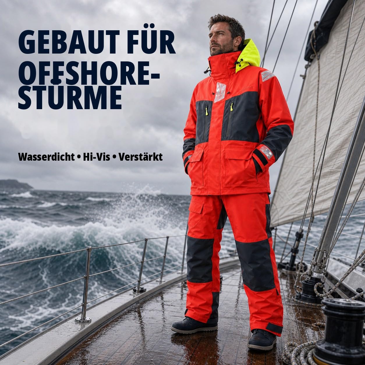 Herren Offshore Segelanzug 3-Lagen Wasserdicht Atmungsaktiv - Profi Segeljacke mit Neon-Kapuze & Reflektoren + Verstärkte Latzhose NS-547