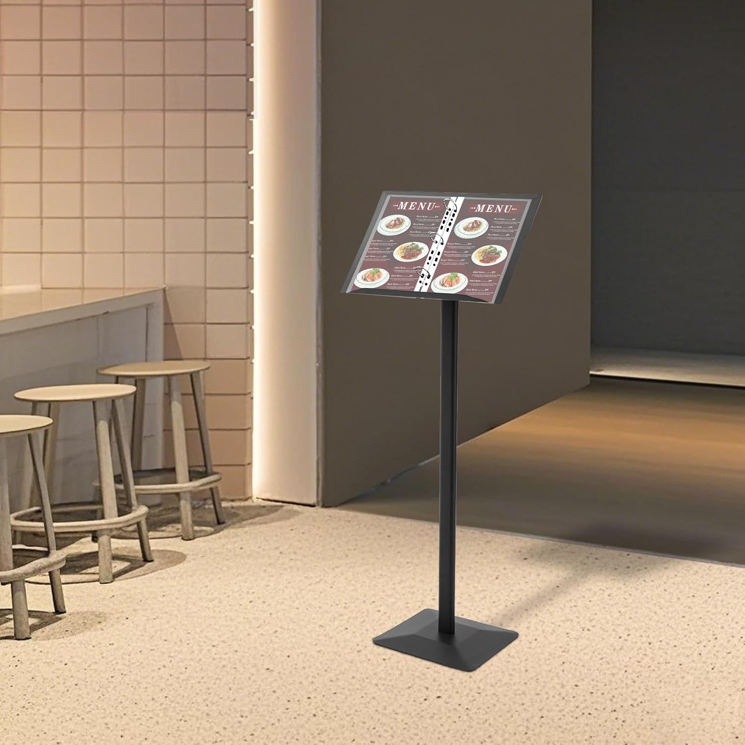 Vertical Flip Menu Stand with Removable Ring Binder,Floor Standing Sign Holder with Weighted Base,Documents,Restaurants,Music Sheets, Black Metal Sign Display Pedestal with Anti-Slip Base