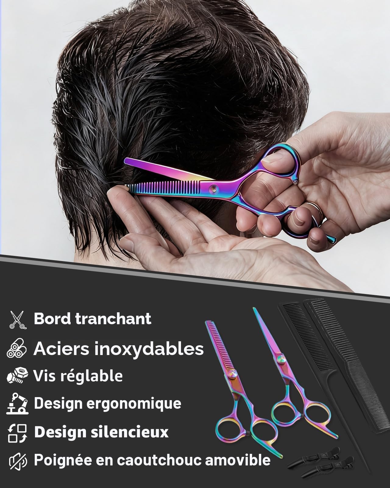 Lictin Ciseaux Coiffeur Professionnels 13 en 1-6.7" en Acier Inoxydable avec Peigne - Pour Coupe Effilée, Dégrader, Hommes, Femmes & Enfants (Multicolore Éclatant)