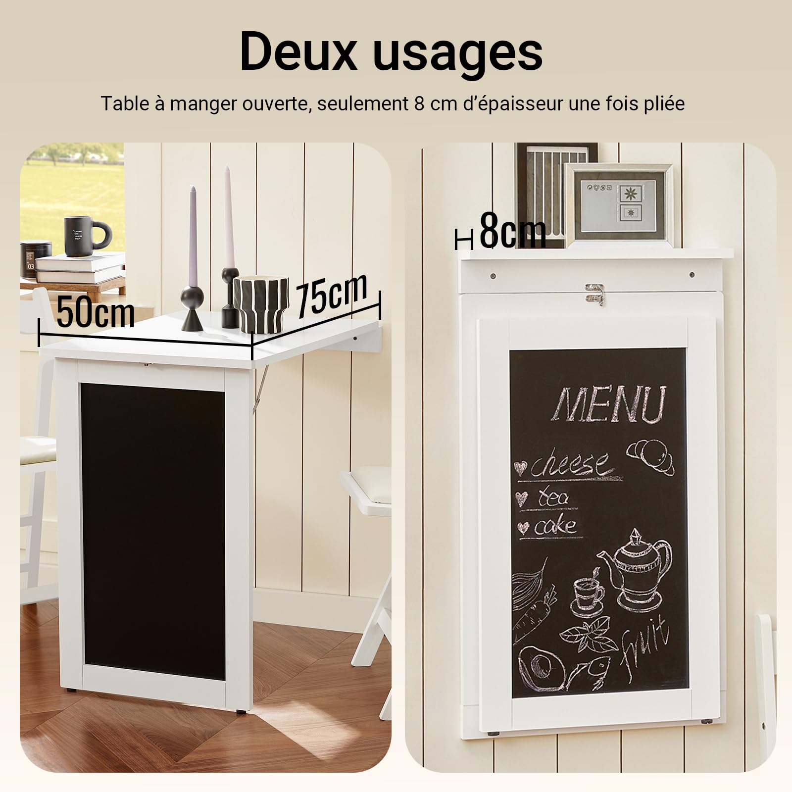 SoBuy Table Murale Rabattable avec Tableau Mémo, pliée 8 cm, 50×75×76cm | Table à Manger Pliable, charge 30 kg, repas & travail, entretien facile, MDF, pour cuisine & bureau & petits espaces, FWT20-W