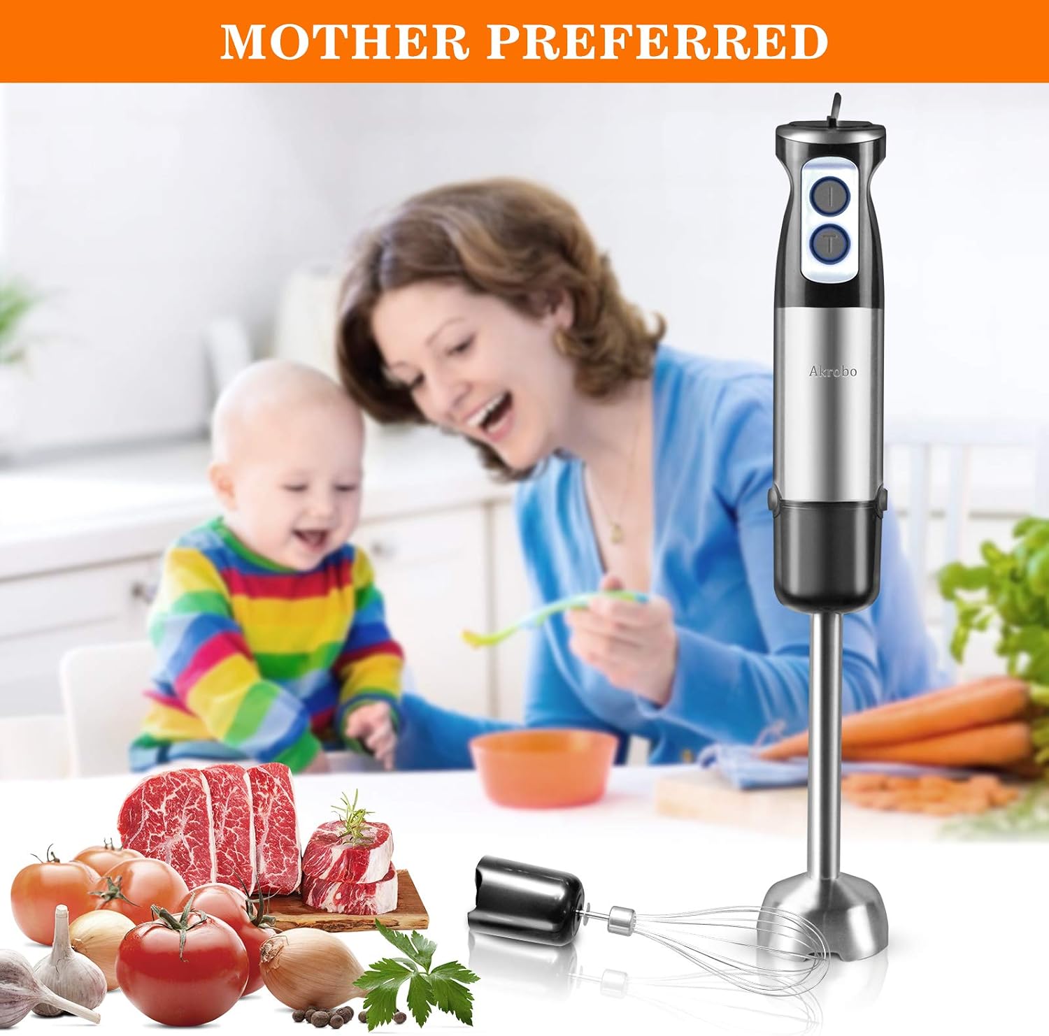 Hand Blender Electric, 500W 6-Speed Immersion Handheld Blender Stick Stainless Steel with Chopper Beaker Whisk Baby Food Puree Smoothies Sauces Soups Multi-function Kitchen Appliance BPA-Free