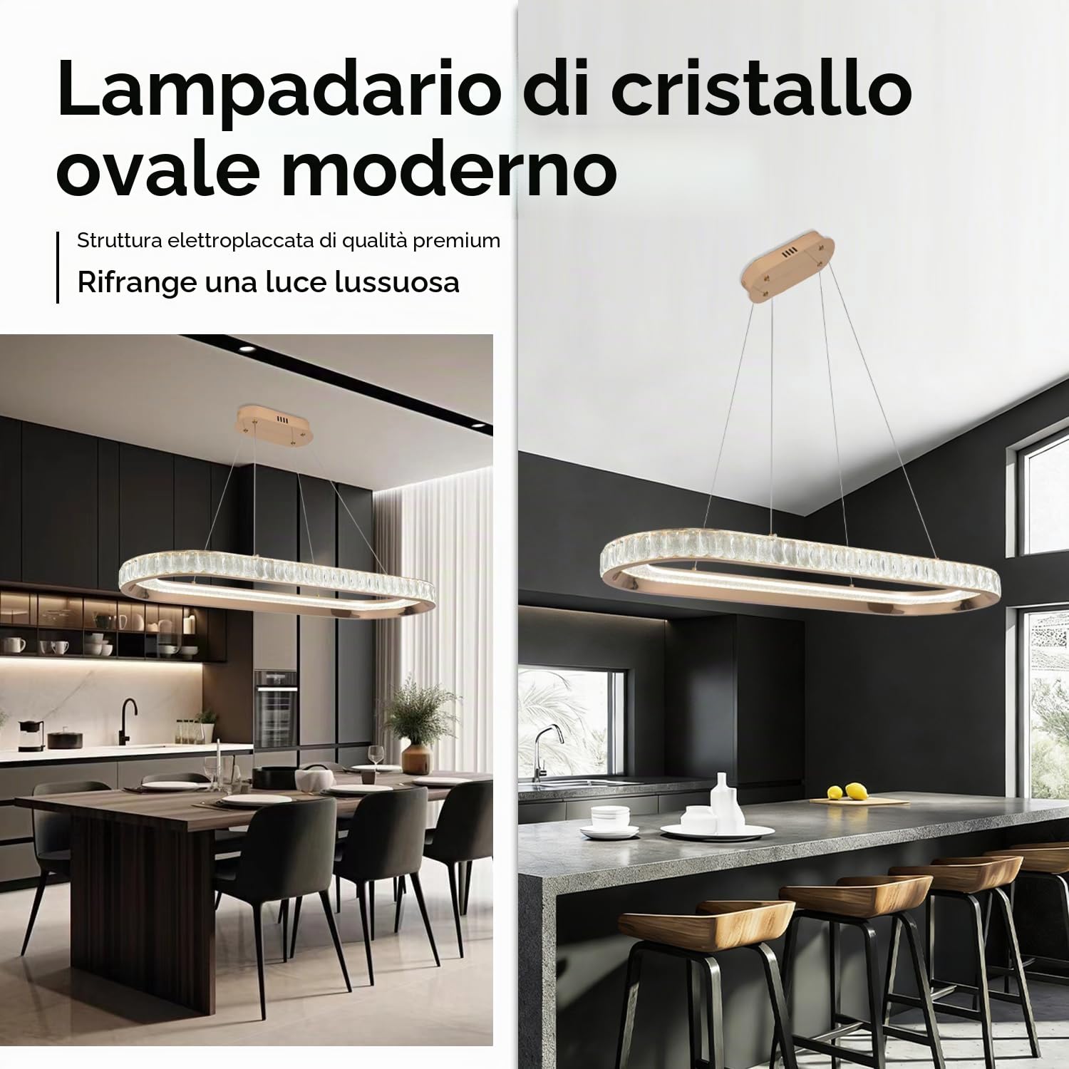 Lampadario Moderno a Sospensione ovale a LED Color oro con Illuminazione Lineare a LED per Sala da Pranzo, Lampadario Dimmerabile per Isola Cucina con Telecomando per Soggiorno e Ufficio