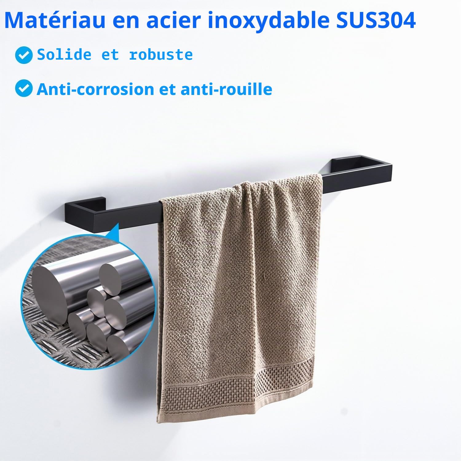 Porte-serviettes mural simple pour salle de bain Noir mat 61 cm