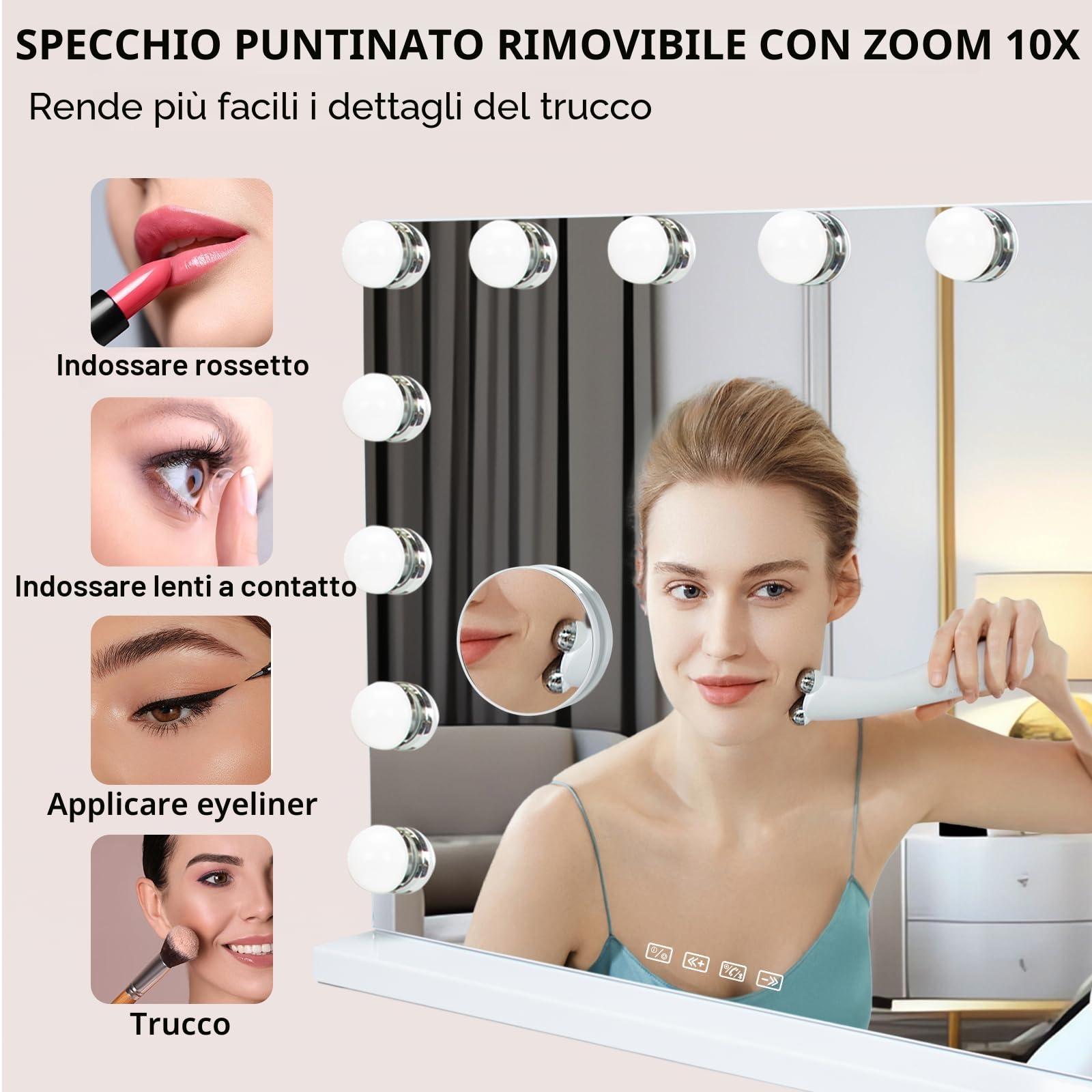 Specchio Trucco con Luce - 14 LED Dimmerabili 3 Modi, 50x40cm Touch Sensor Specchio da Make-Up Hollywood con 10x Ingrandimento, Multiuso Tavolo/Parete
