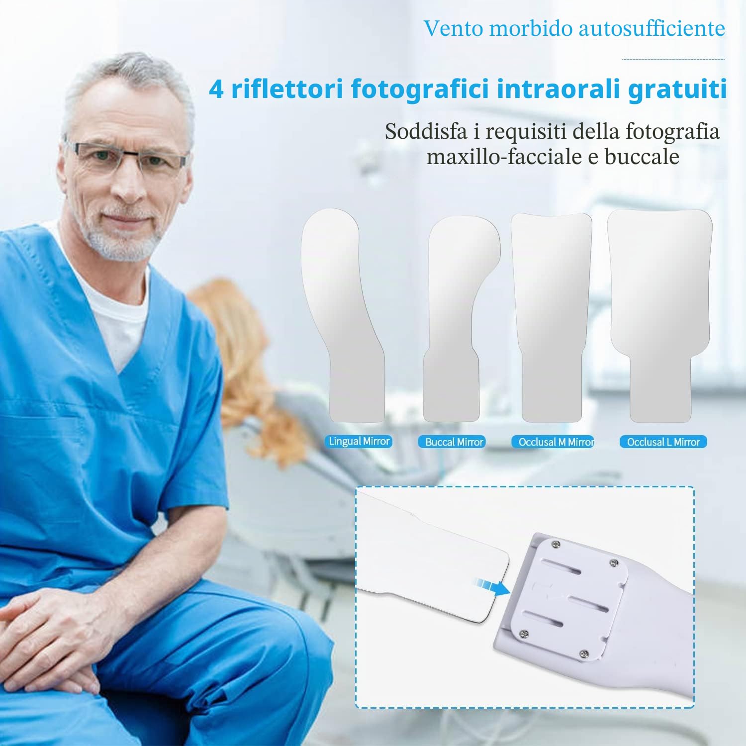Specchi per fotografia dentale, anti-appannamento, riflettore per ortodonzia dentale, per ispezione dei denti, con LED, caricabatterie e ventilatore wireless con 4 specchi intercambiabili
