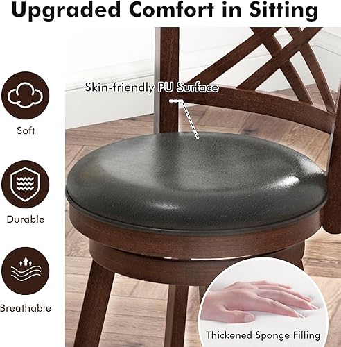 Miniatura 5 de COSTWAY Juego de 2 taburetes de bar para isla de cocina, taburetes de bar tapizados giratorios con superficie de poliuretano, marco de madera de