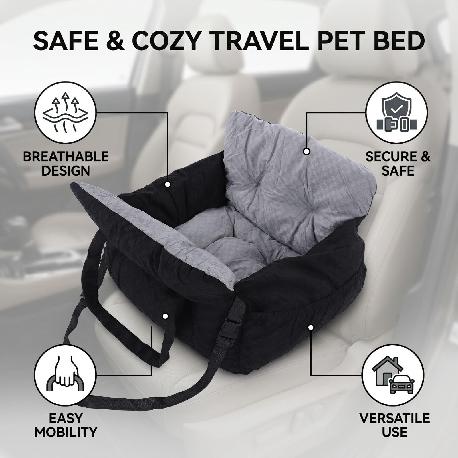 Fdit Asiento para Mascotas en el Automóvil, Cinturón de Seguridad Portátil de Poliéster para Mascotas, Suave con Asas para Perros Medianos y Grandes, Cama Versátil para Interiores y