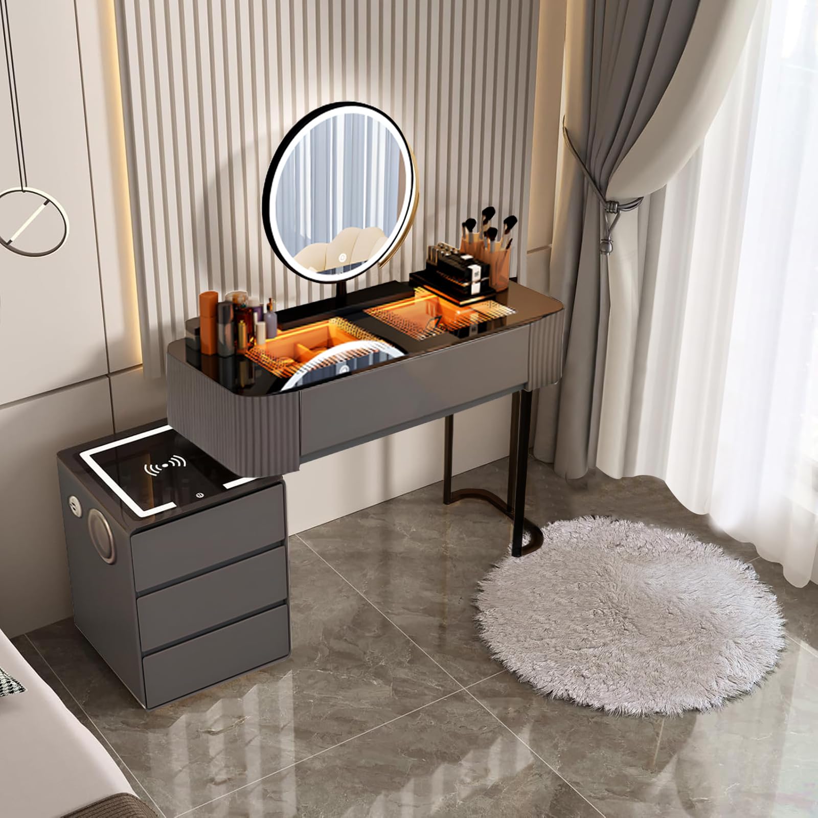 Dressing Table Set with Mirror-Vanity Desk set with Wireless Charging Station and Bluetooth Speaker, 5 Drawers and Makeup Stool for Women Girls Home Bedroom Dressing Table (Gray Without Chair, 80CM)