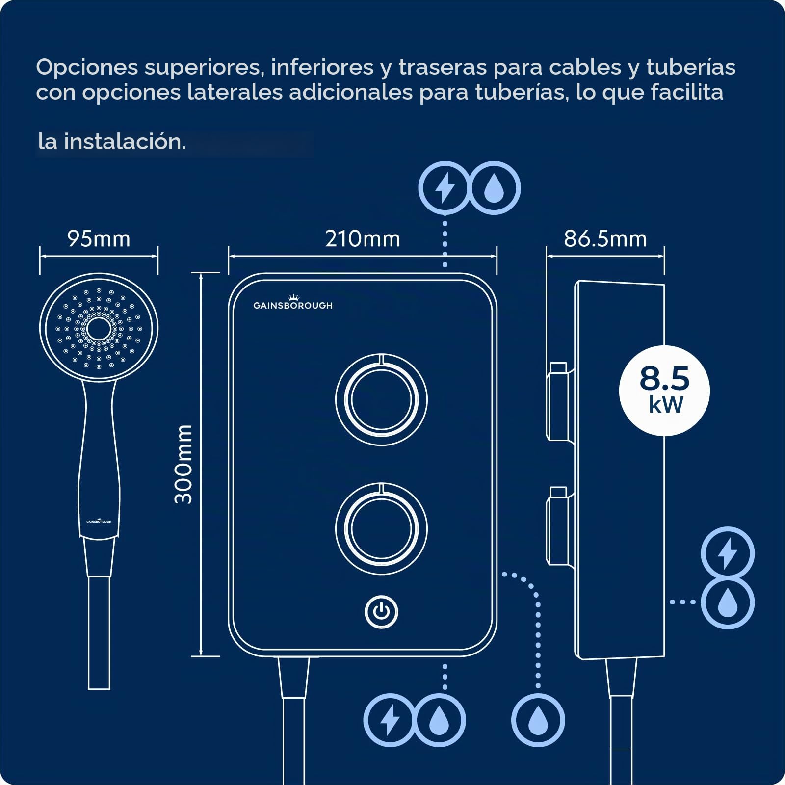 Gainsborough Slim Mono - Ducha eléctrica de 8,5 kW, color blanco, 1 modo de pulverización, cabezal ajustable, con manguera, boquillas de limpieza IPX4