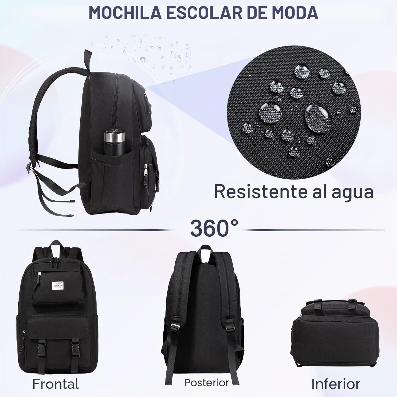 RAVUO Mochila Escolar Adolescente, Casual para Hombre y Mujer Impermeable Instituto Chica Chico Ligera Portatil 15.6 Pulgadas