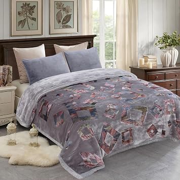 JML Plush Fleece Blanket 87" x 94", 10lb Korean Style Mink Blanket King Size for Winter - Soft, Thick and Warm, Double Layer A&B Print Embossed Raschel Grey Frame