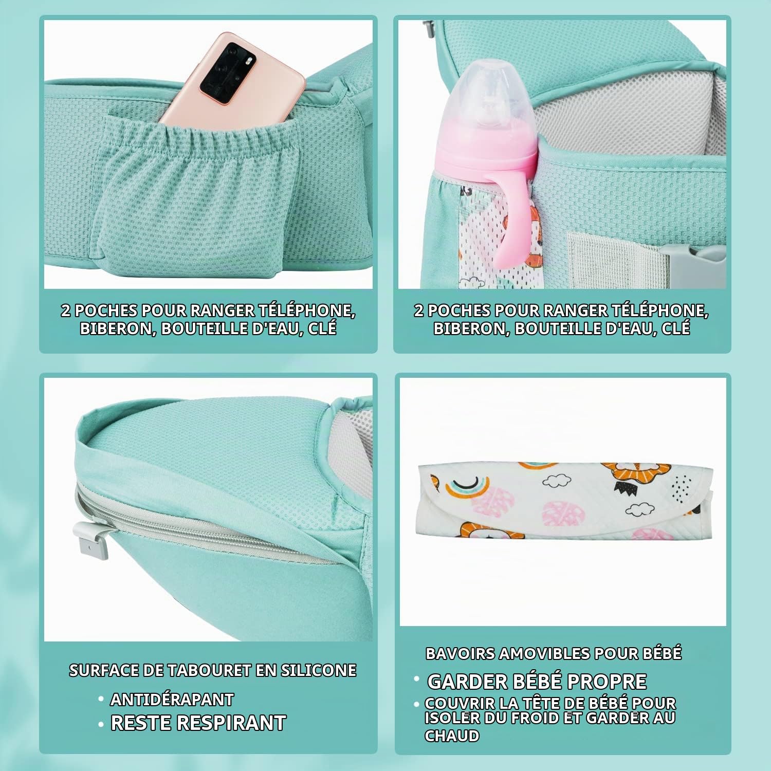 Porte Bébé,Siège de Hanche Multifonction pour Porte Bebe de 3 à 36 mois, 6 en 1 Façons de Transporter,Taille Réglable,Pour Nouveaux Nés Et Bébés de 3 à 20 kg
