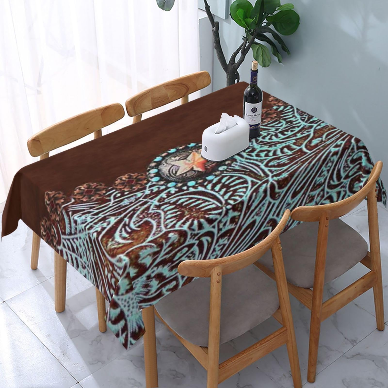 HLBSDM Tooled Leather Country Western Turquoise Rectangle Tablecloth, Suitable for Wedding, Party and Restaurant Festival Gathering Event Polyester Fabric Decorative Tablecloth(54x72in)