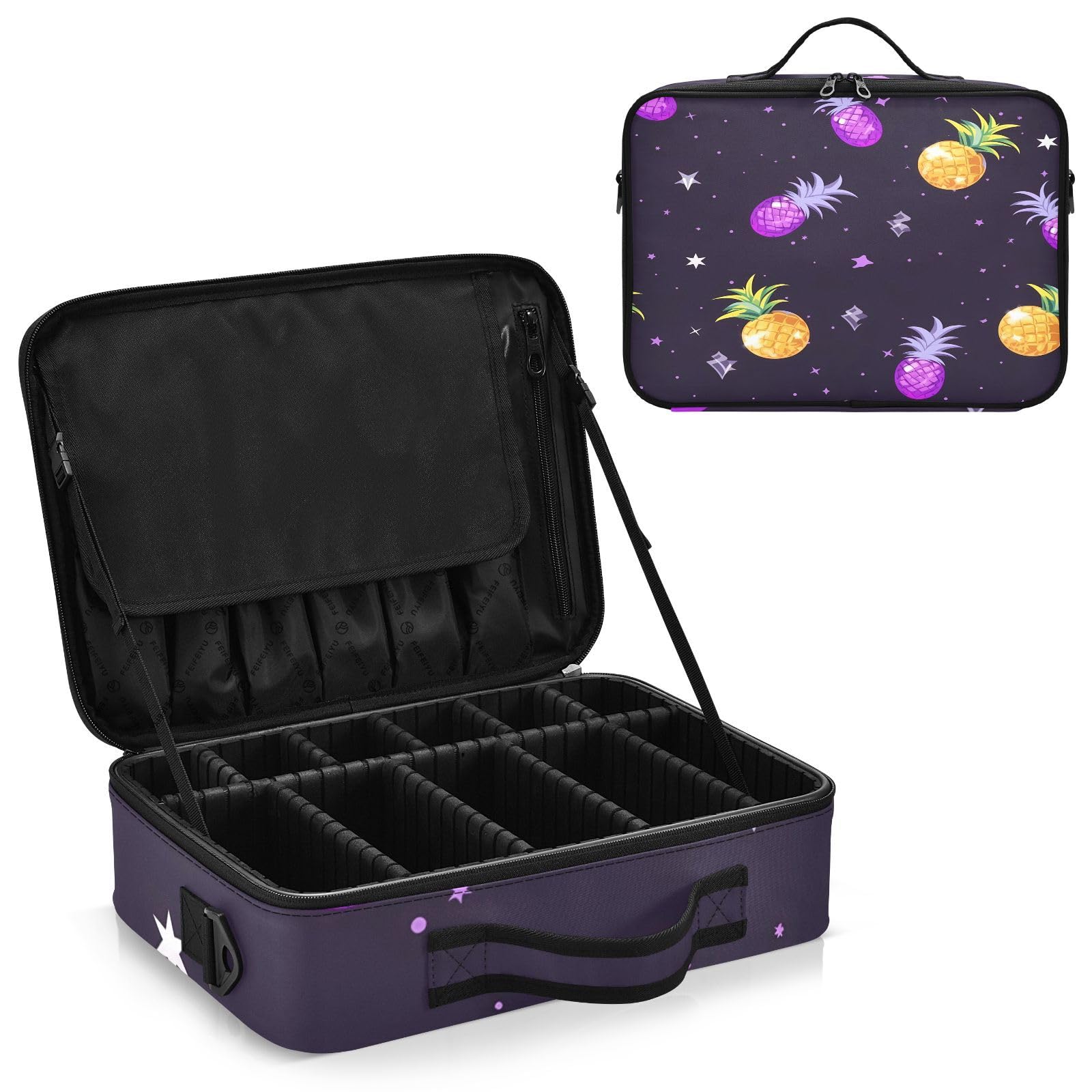 zyrtty Travel Makeup Train Case Yellow and Purple Pineapple Pattern Cosmetic Organizer Portable Storage Bag with Adjustable Dividers for Cosmetics Brushes Toiletry Jewelry Digital Accessories