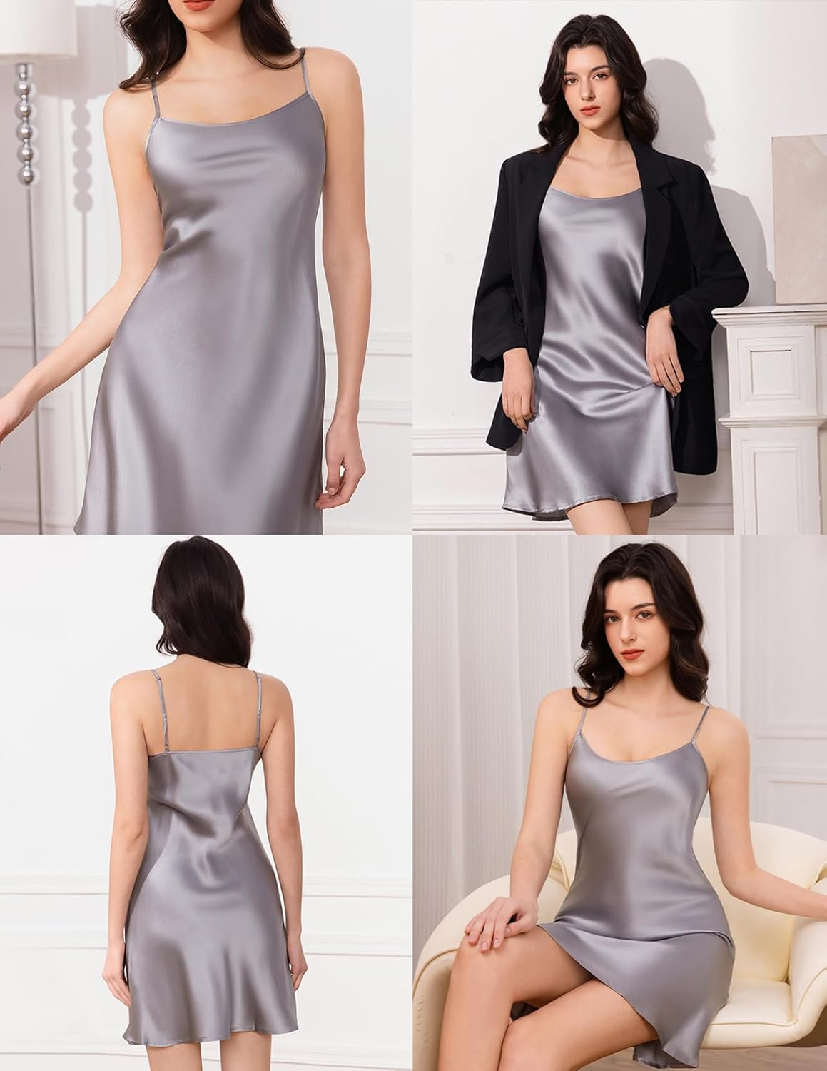 THXSILK Women's Sexy Silk Nightgown, 100% Mulberry Silk Sleepwear Round Neck Spaghetti Strap Chemise Short Slip Dress - Image 5