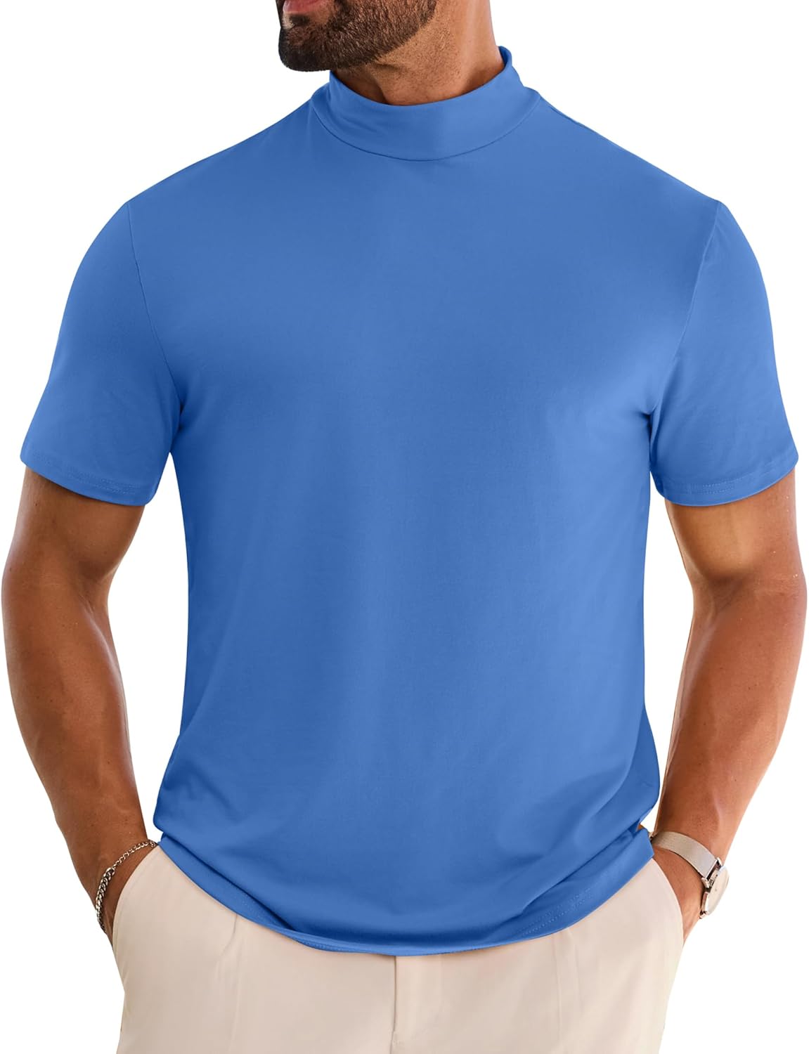 Vssjavun Men's Mock Turtleneck T Shirt Short Sleeve Solid Basic Tee Soft Casual Pullover Top