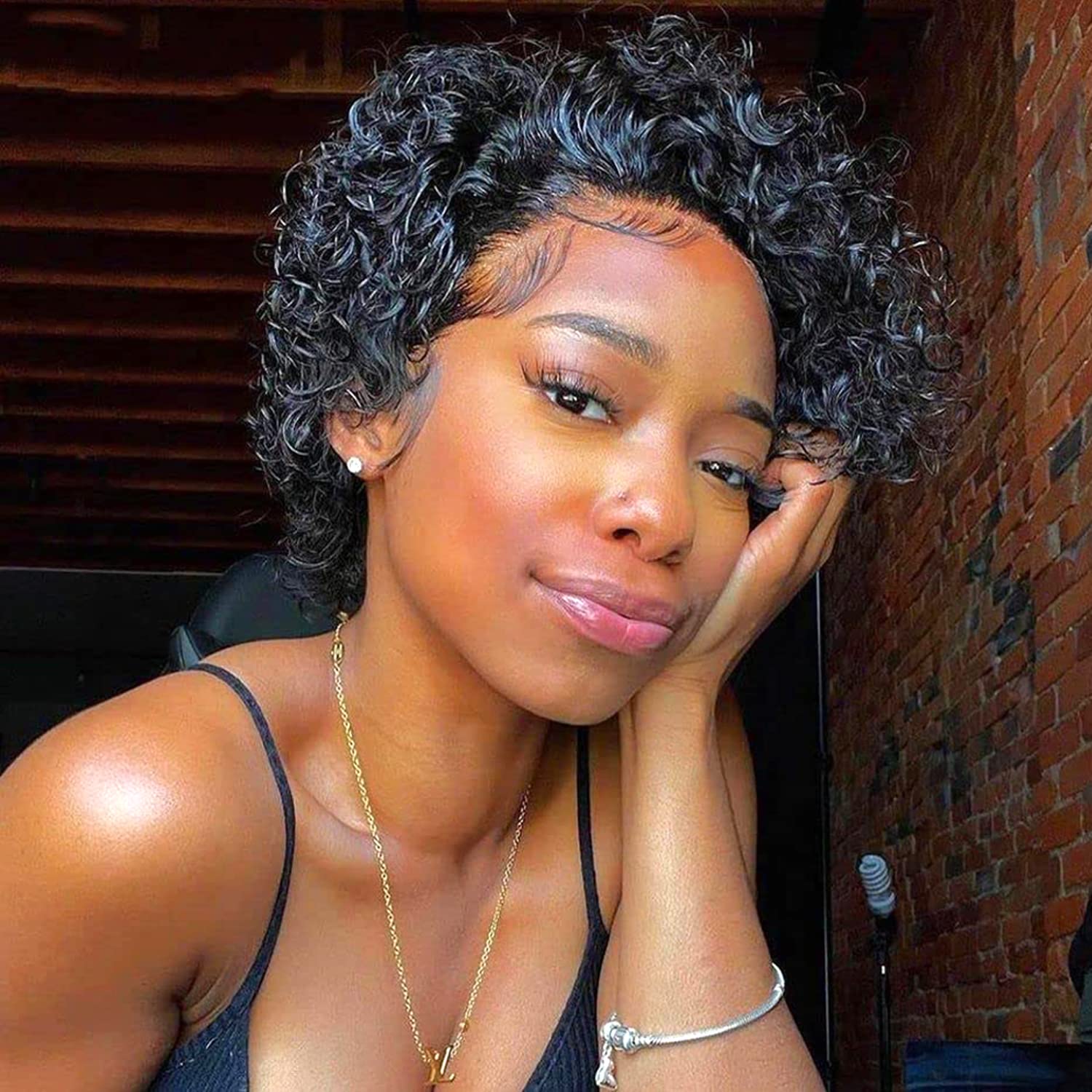 BAINUO 8 Inches Pixie Cut Wig Human Hair Short Curly Hair Wigs Pre Plucked 180% Density 13x1 T Part Lace Front Wigs For Black Women Glueless Nature Black