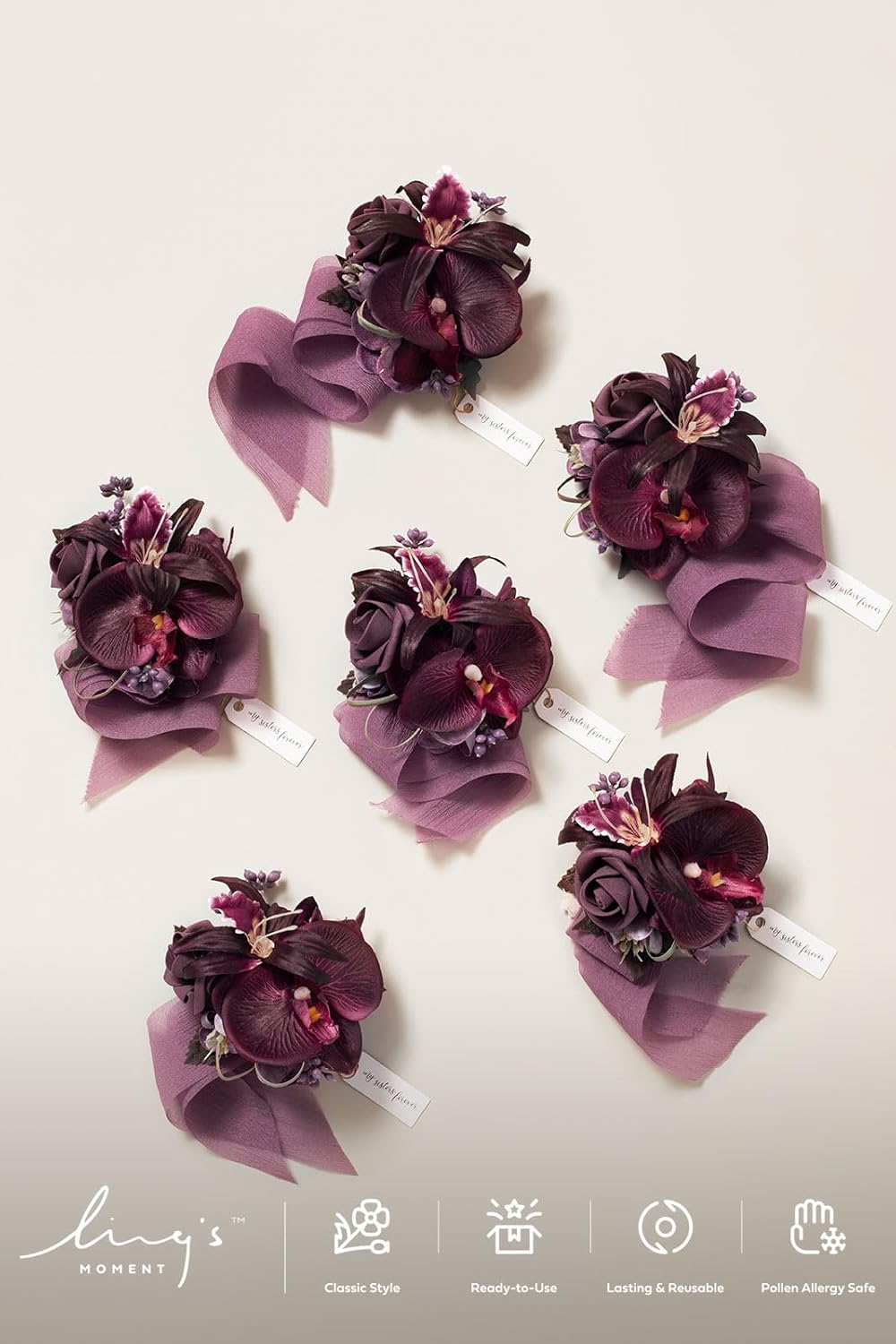 Ling's Moment Pre-Arranged Wedding Flower Packages, Boutonnieres & Wrist Corsages Package (Set of 12) in Plum & Plum Lily