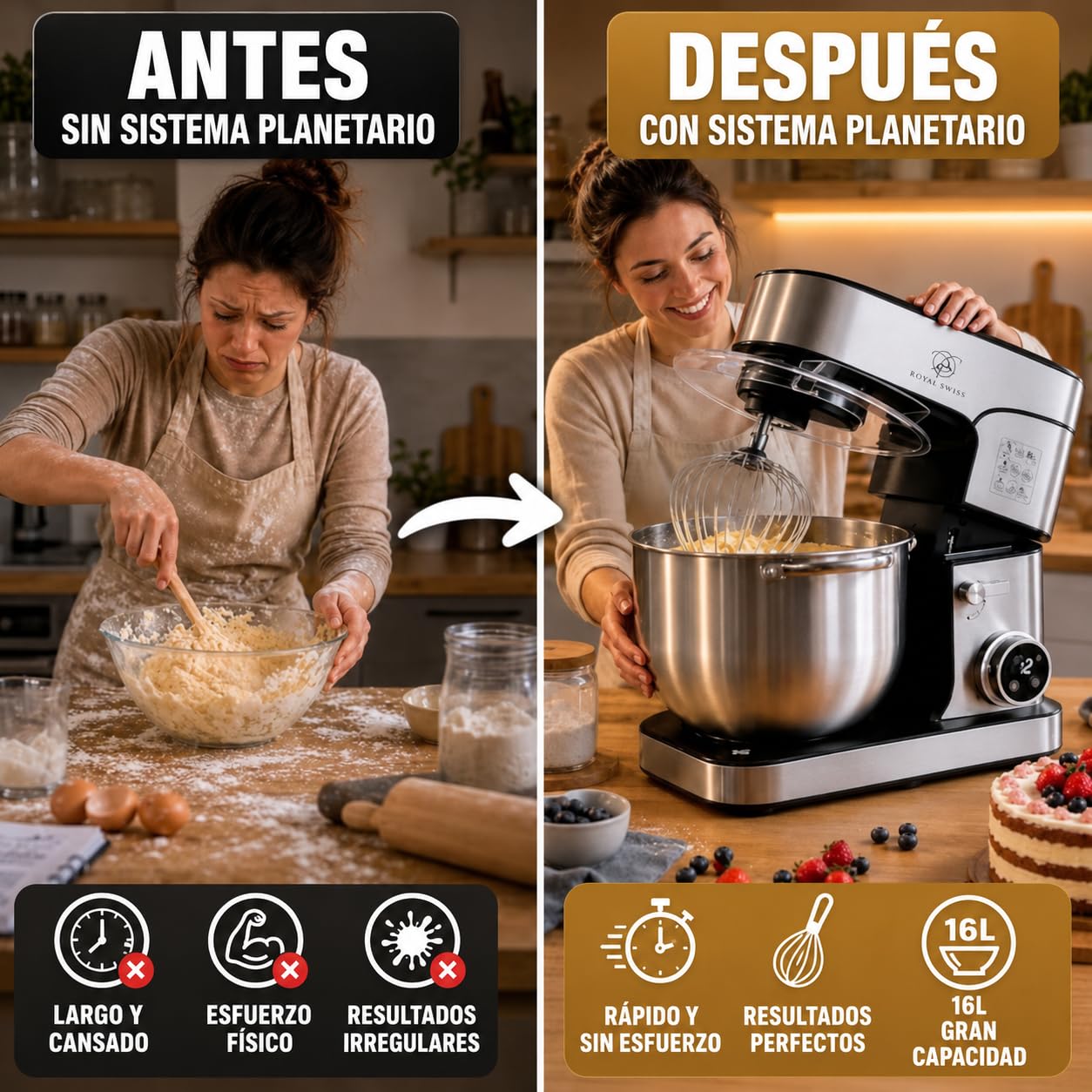 Royal Swiss SC-616DE Amasadora 16 L 2800 W, Robot de Cocina Profesional con Mezcla Planetaria, 12 Velocidades, Pantalla LED, Temporizador, Bol Inox, Gancho, Varillas, Batidor