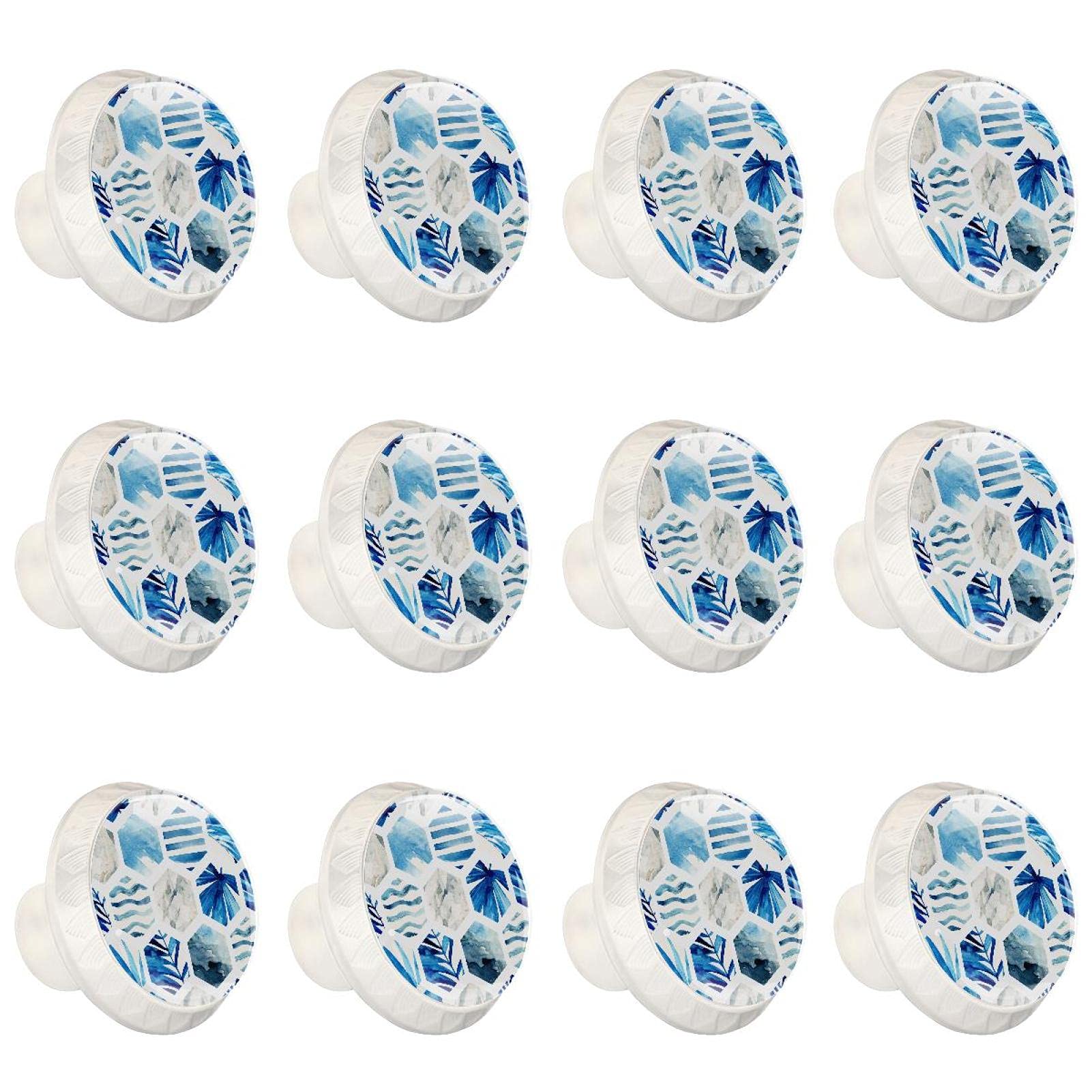 Boutons d'armoires de cuisine ronds en motif géométrie bleu pour tiroir et commode, lot de 12