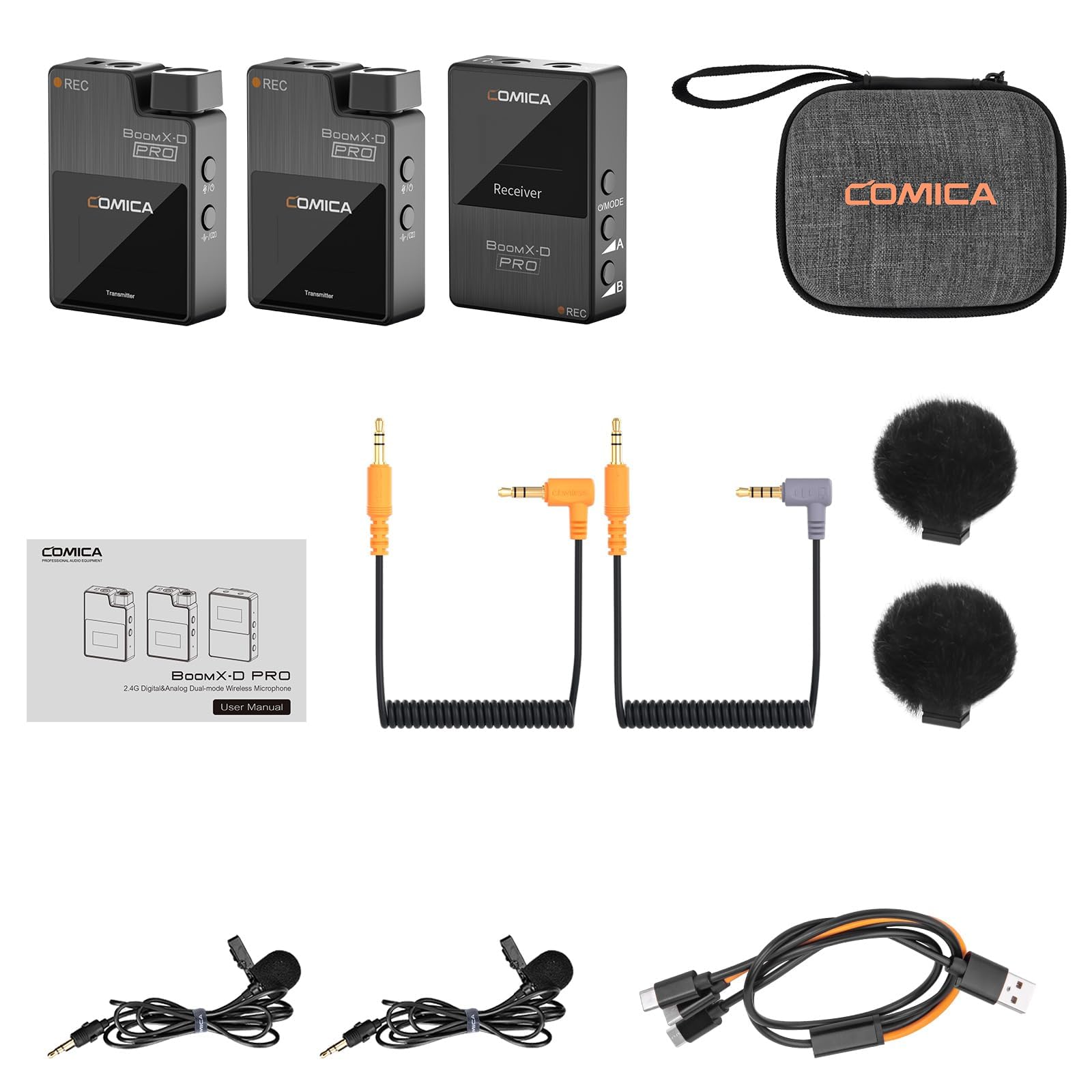 COMICA Microfono Lavalier senza fili, BoomX-D2 Pro 2.4G Sistema di microfono senza fili di registrazione per smartphone, fotocamera, computer, Youtube, Facebook Live-Streaming (Nero) (2TX + RX)
