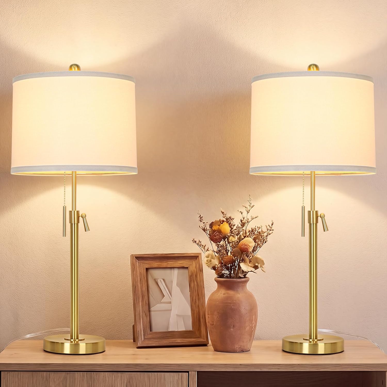 Qingmiao Gold Table Lamps Set of 2, 22" to 30" Adjustable, 3 Way Bulbs
