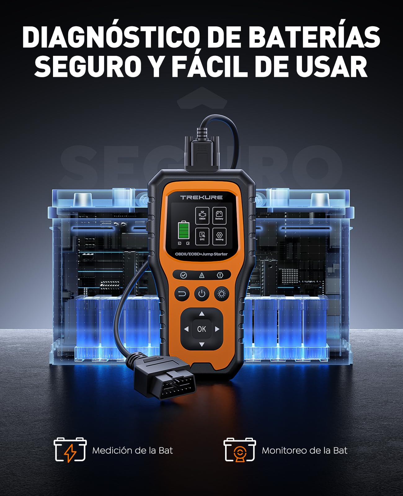 TREKURE Arrancador de Baterías de Coche 7000A con OBD2 Diagnosis Coche, Arrancador de Coches Portátil con Función de Arranque Forzado, Prueba de Batería, Pantalla Grande(para All Gas o 10L Diesel)