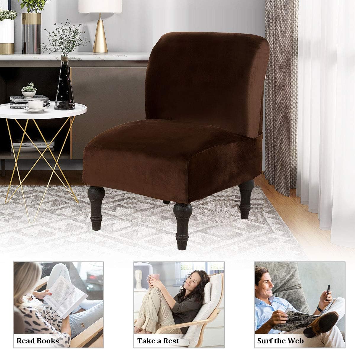MIFXIN Armless Accent Chair Covers Velvet Stretch Soft Slipcovers for Slipper Chair Without Arms Chair Couch Furniture Protector for Home Living Room Bedroom (Brown, 2 Pack)