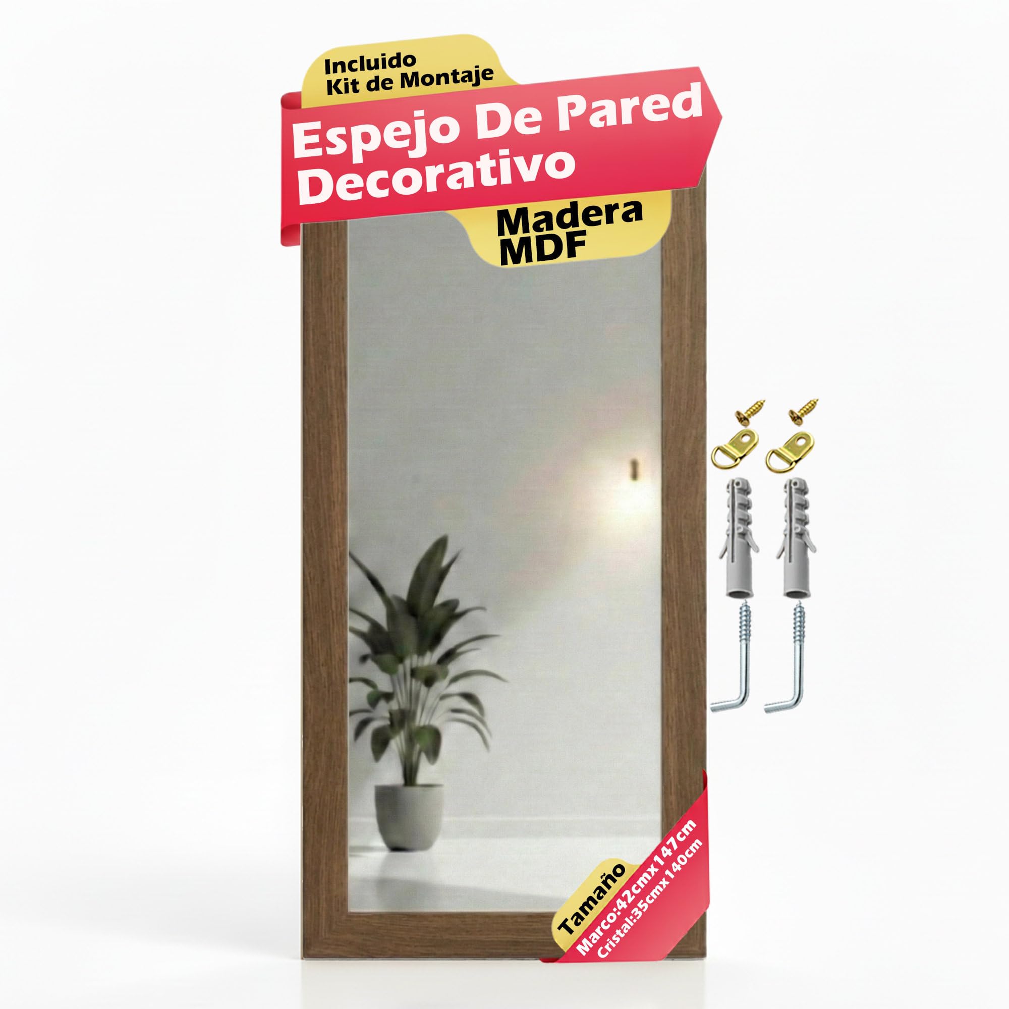 CHELY INTERMARKET MOD128 Espejo Pared Vertical Decorativo Grande Estilo Moderno Marco Madera Cuerpo Entero Elegante 35x140 cm Nogal Ideal Recibidor Dormitorio Baño Incluye Kit Montaje