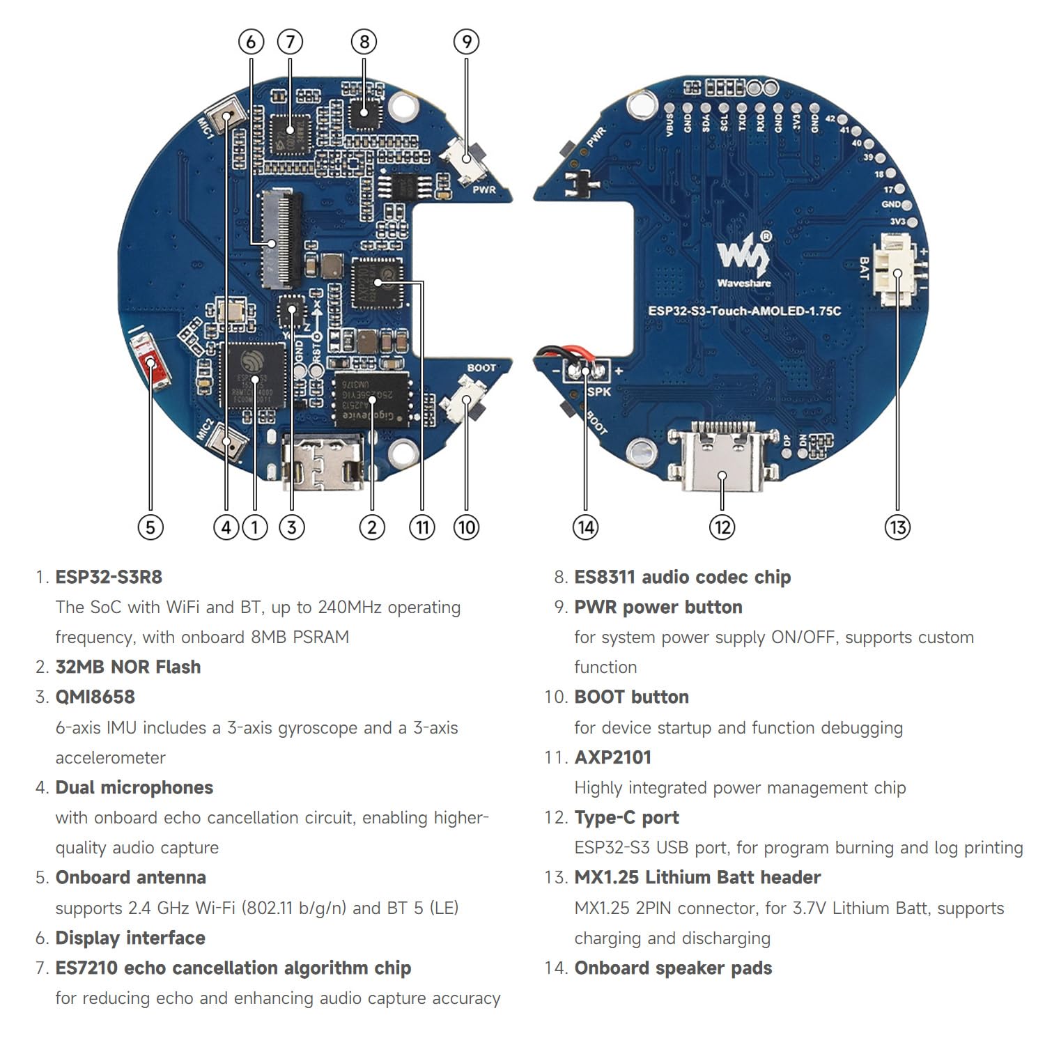 Waveshare ESP32-S3 1.75inch AMOLED Round Touch Display Development Board, 466x466 Resolution, Aluminum Alloy Case, Onboard Dual Microphones Array, Portable Mini Display, No Batt