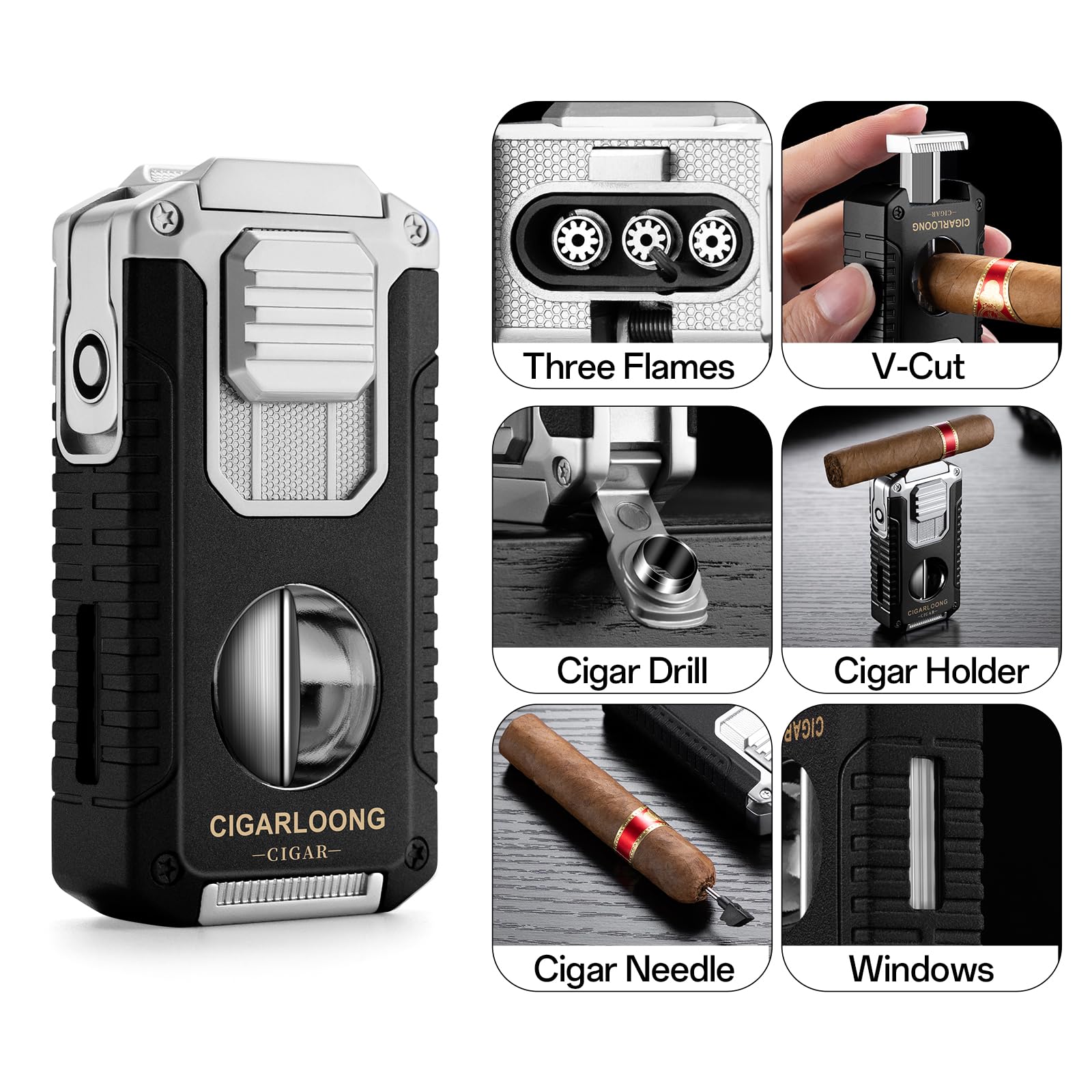Briquet à Cigare Multifonction 5 en 1 avec Coupe Cigare en V, poinçon, Aiguilles, Porte-Cigare Le Support, Briquet Butane à Triple Jet de Flamme, sans Gaz (Noir)