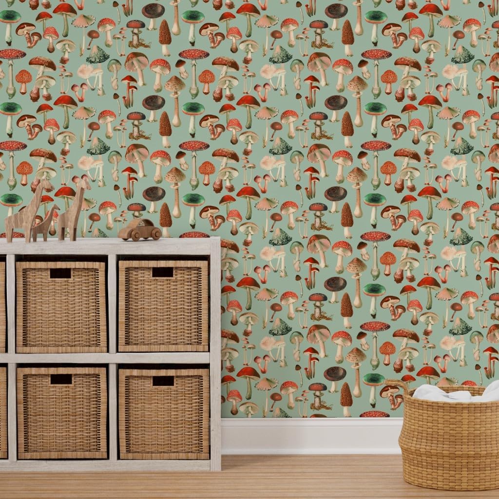 Spoonflower Removable Wallpaper 6ft x 2ft - Red Green Vintage Nature Forest Woodland Antique Mushroom Custom Pre-Pasted Wallpaper