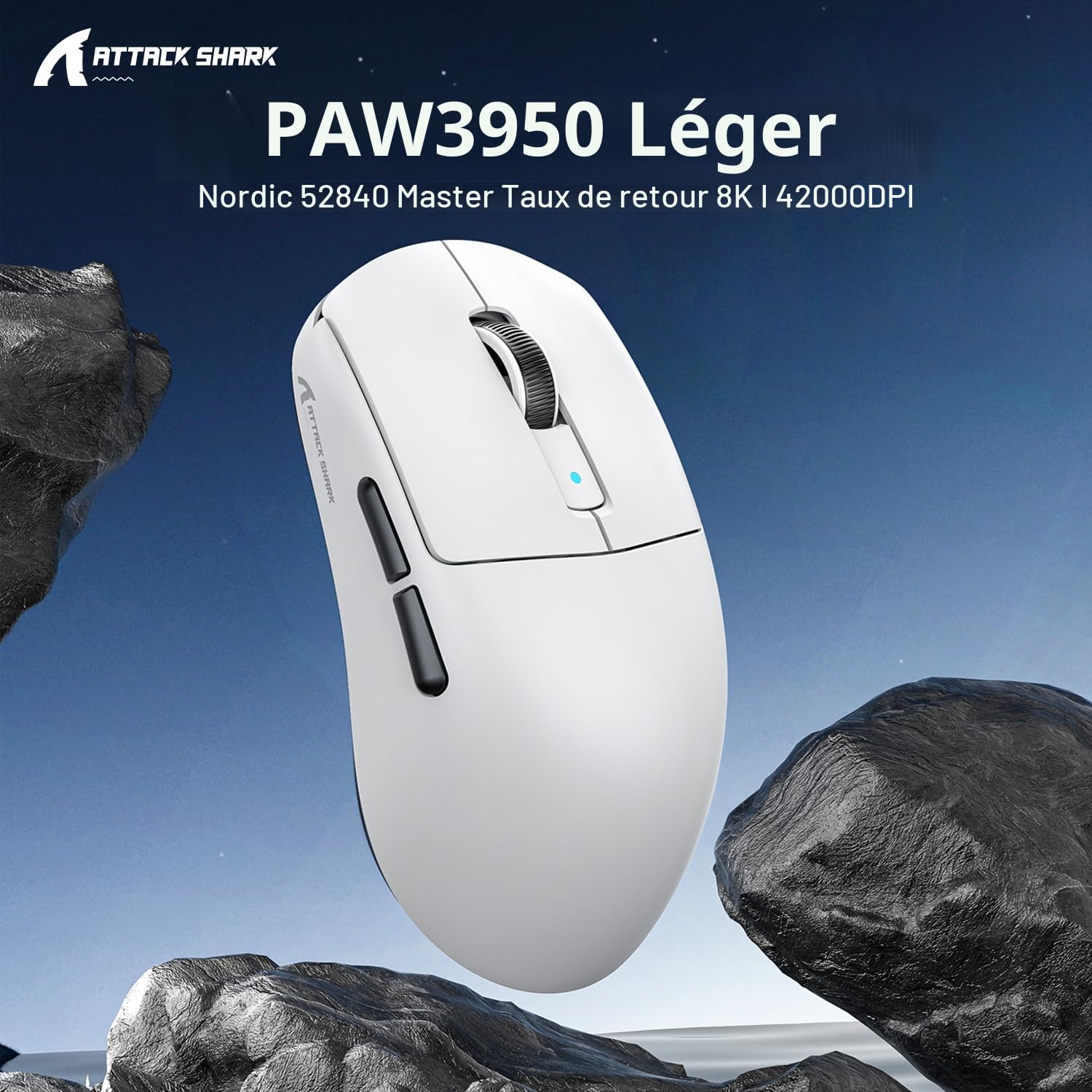 MAMBASNAKE x Attack Shark R6 39 g Superlight Mouse, PixArt PAW3950MAX Capteur de Jeu sans Fil 8K, MCU Nodic 52840, BT/2.4G/Souris de Jeu Filaire, DPI 42000, réglable pour Win11/Xbox/PS/Mac - Blanc
