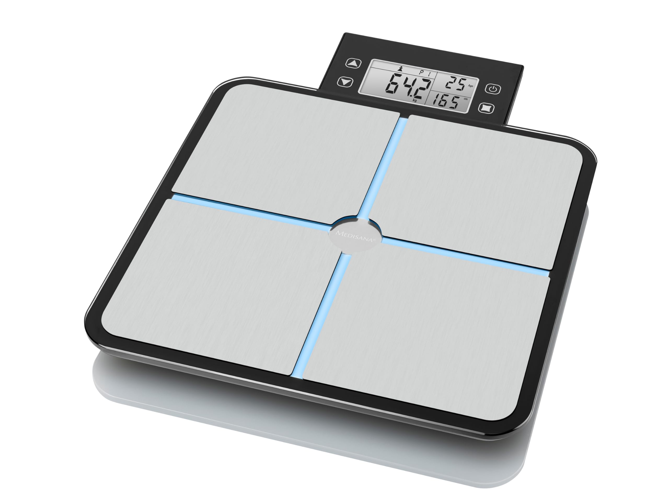 medisana BS 460 digitale Körperanalysewaage, Waage mit abnehmbarem LCD-Display, Körperfettwaage, Messung von Körperfett, Körperwasser, Muskelmasse & Knochengewicht, Bis 180 kg, Schwarz / Silber