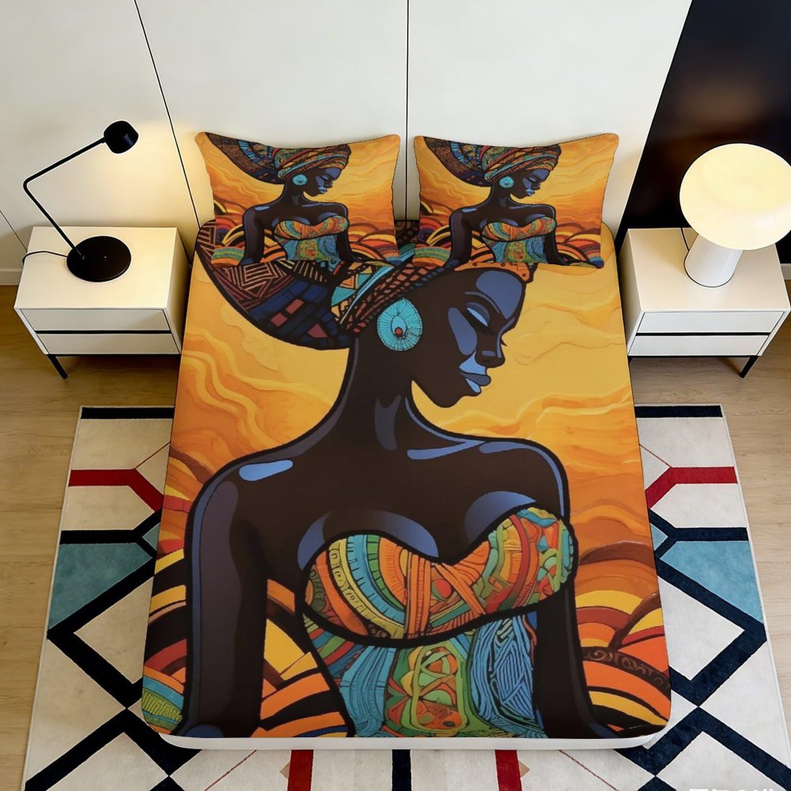 3D Printed African Art Fitted Sheet Microfiber Orange Ethnic Woman Mattress Cover for Bedroom Guest Room Decor 90x200x25cm