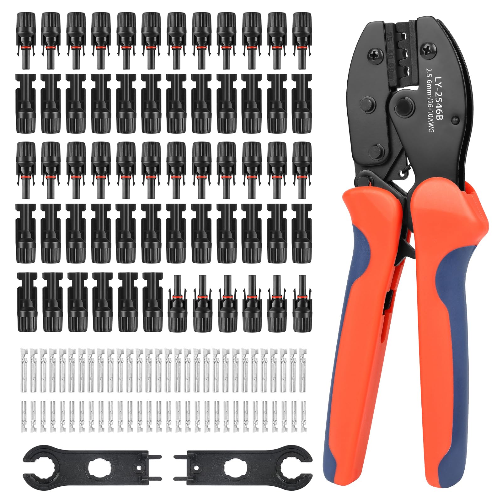 Kit de herramientas de crimpado solar con 60 conectores solares, 1 par de llaves inglesas de conector solar, 1 pelacables de alambre, herramienta de crimpado para montaje de extensión de cable de