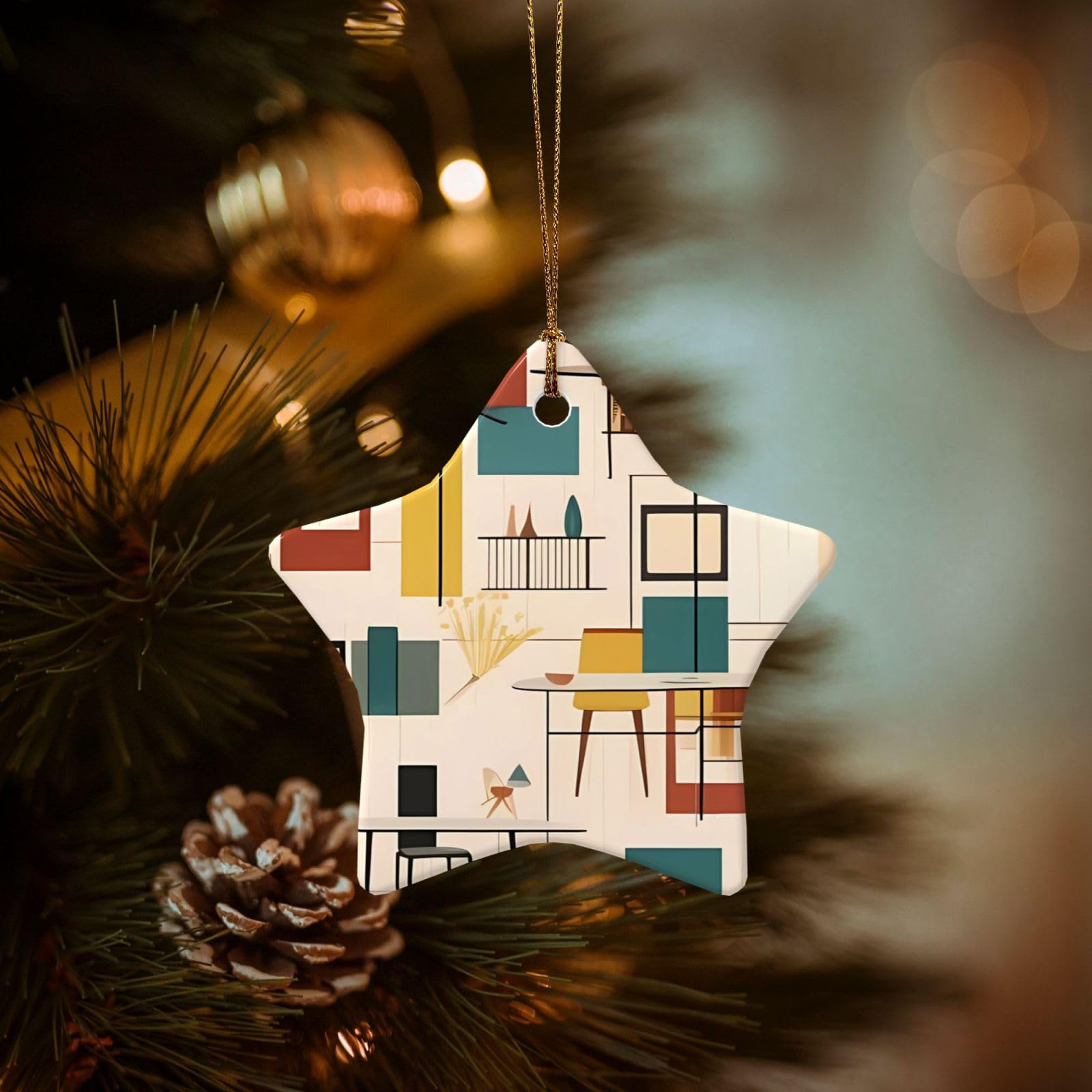 Christmas Ornaments for Christmas Tree Decoration Hanging Mid Century Modern Ornament with Gold Ribbon Crafts Star Shape Ceramic Pendant for Keepsake Gifts Xmas Decor Party Supplies