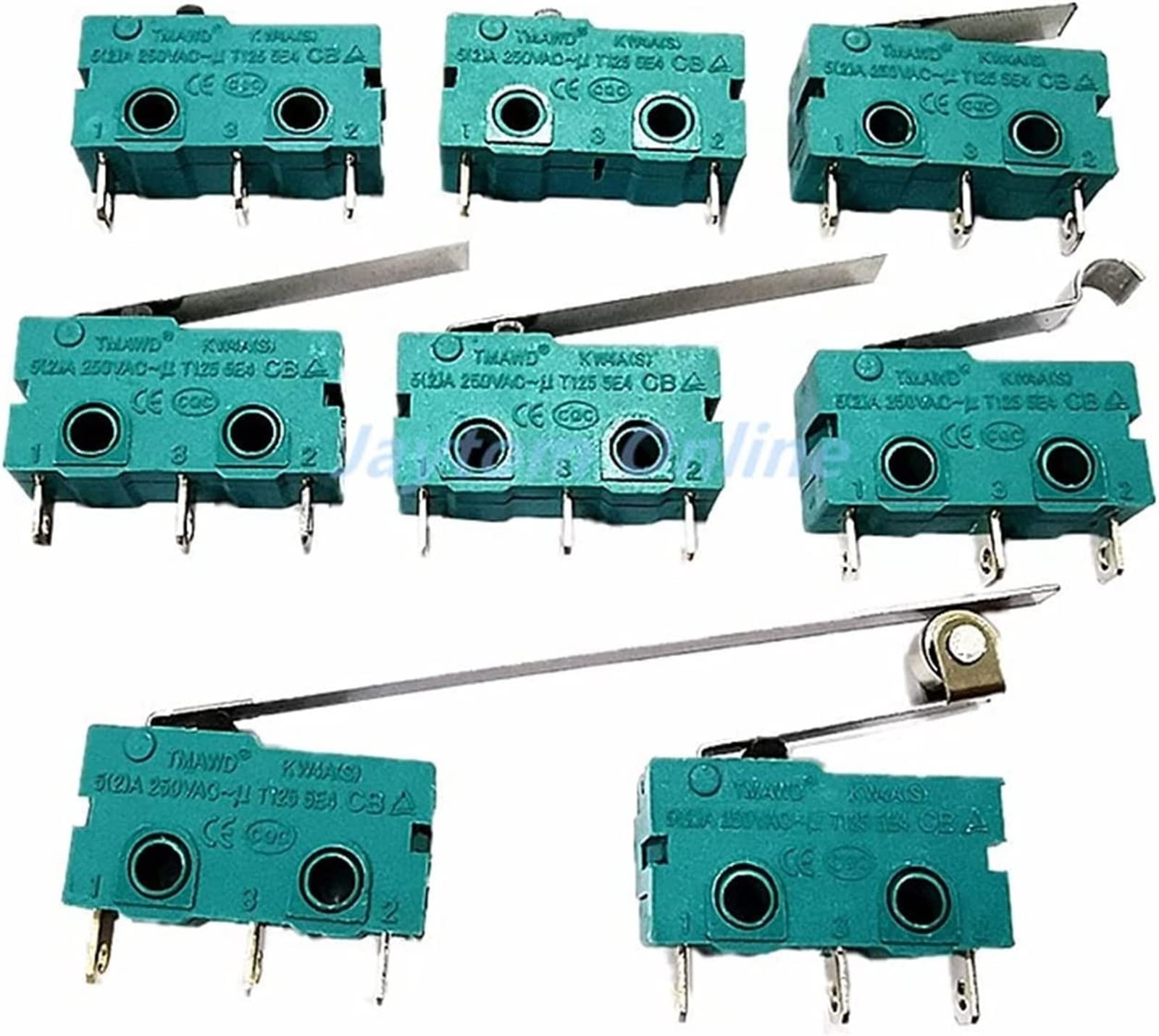 Piezas de recambio Microinterruptores, 5 uds., microinterruptor, brazo de palanca de rodillo, SPDT, acción a presión, 5A, 250V, KW4A, NC-NO-C con polea, interruptor de límite de carrera de 3 pines y 2