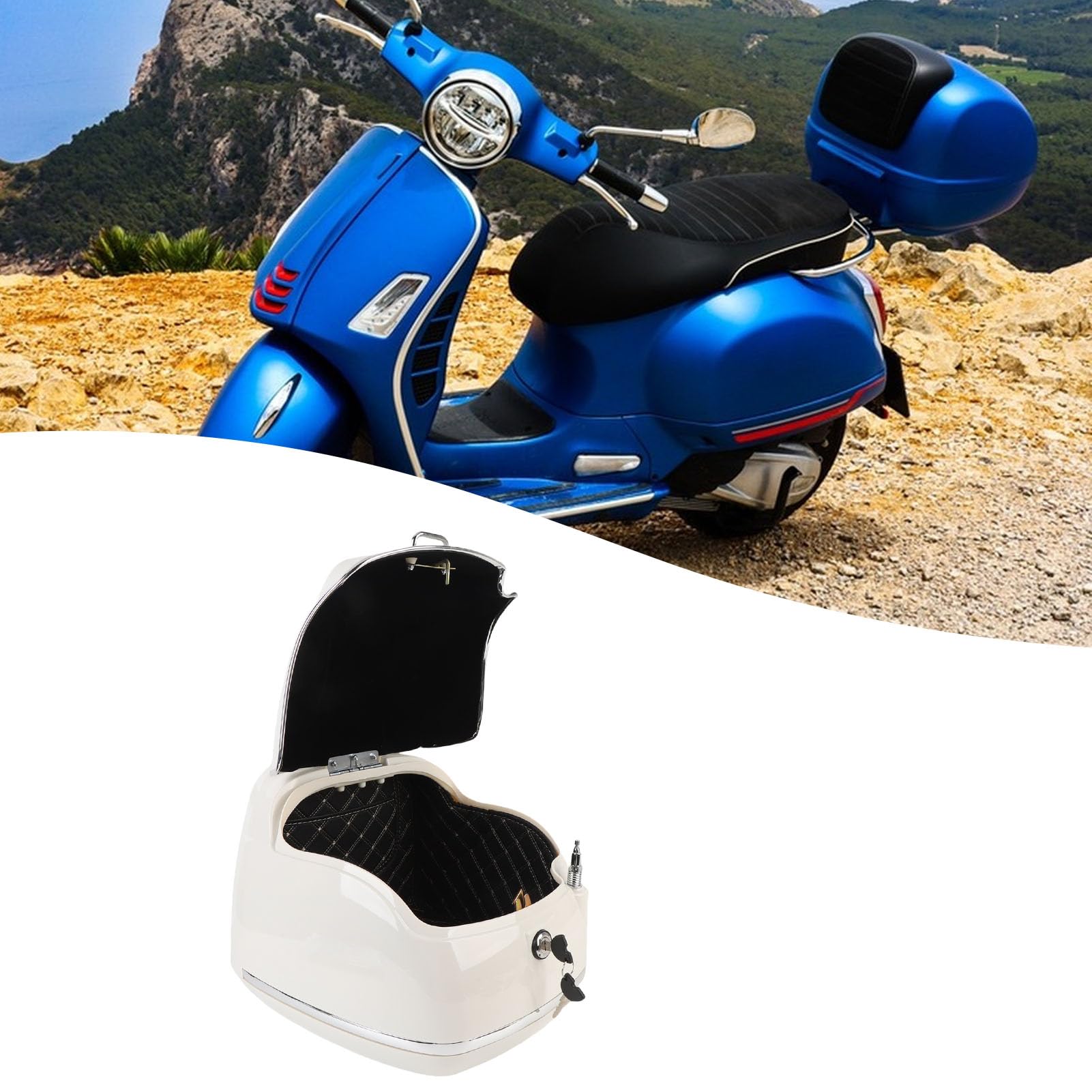 Asixxsix Motorrad-Top-Box, 38L Roller Motorräder Universal-Aufbewahrung Stamm mit Rückenlehne, wasserdichte Gepäck Helm Box mit Sicherheits Schloss für Helm, Reise Ausrüstung (White)
