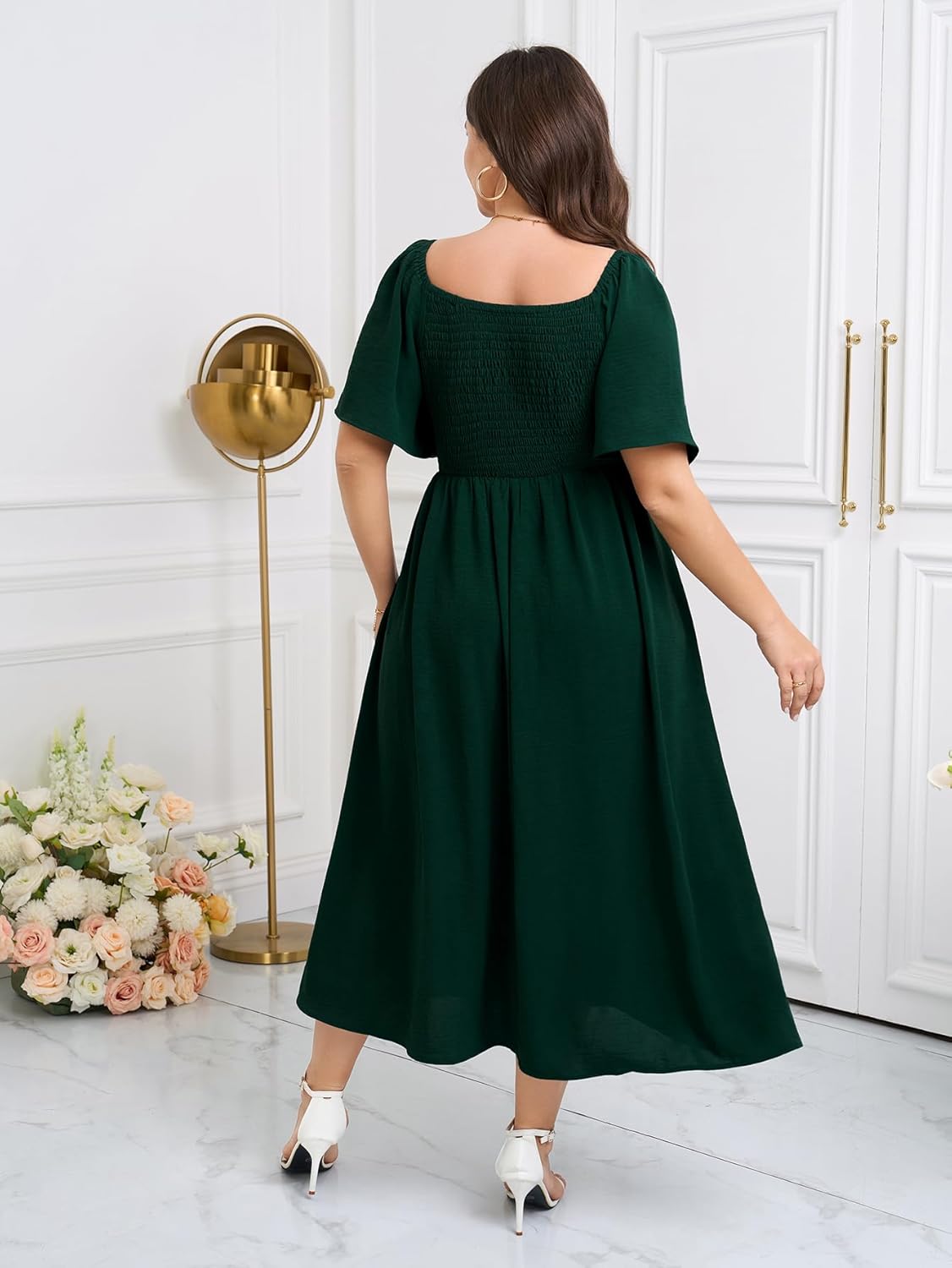 Womens Plus Size Maxi Dress Pleated Square Neck Short Sleeve Smocked High Waist Flowy A-Line Slit Elegant Dresses - Image 5