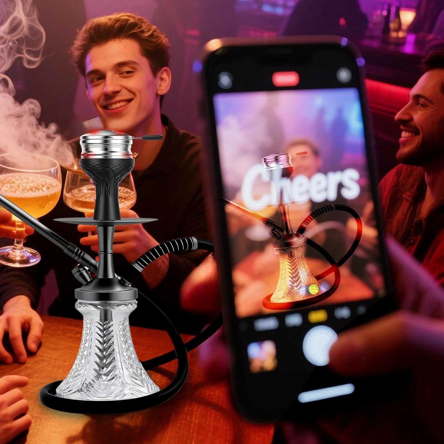 19.3" Premium Hookah Set - Portable Shisha Kit with Protective Carrying Case, Featuring Silicone Hose, Stainless Steel Bowl & Integrated Charcoal Tray (Black)