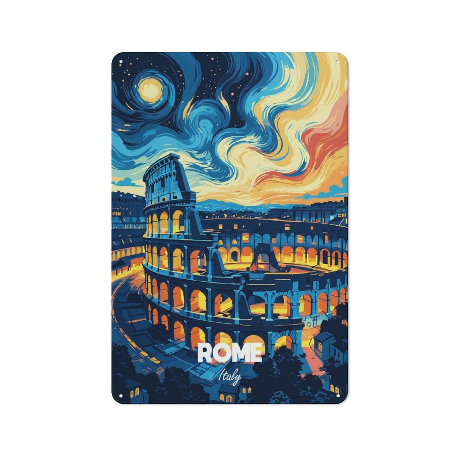 Junmoney Style-1 Tin Wall Plaque 30X20cm With Rome Italy Colosseum Night Art For Garage Wall, For People Furnishing A Garage, For Retro Home Interiors